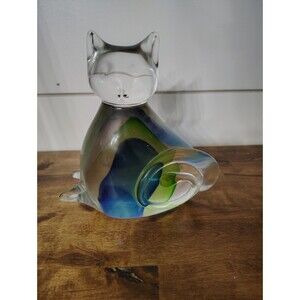 Vintage Mid Century Murano Art Style Glass Cat Figurine Blue Green Clear